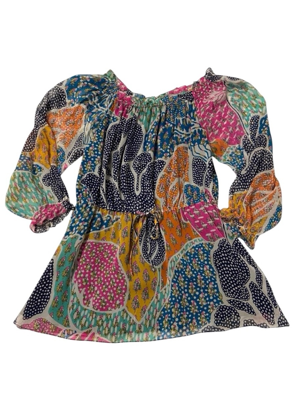 DVF Camila Silk Peasant Top Patchwork Floral Boho Blouse Size 4